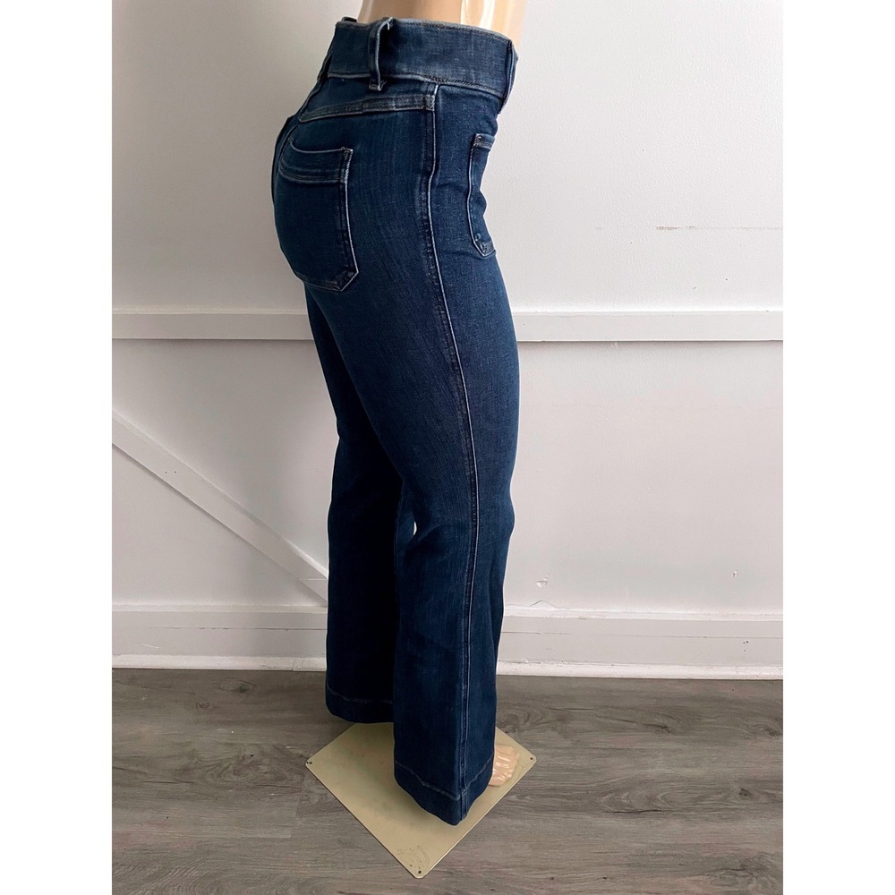 Spanx Flare Jeans Dark Wash High Rise Pull On Shaping Denim Blue Pockets Small - Picture 4 of 7